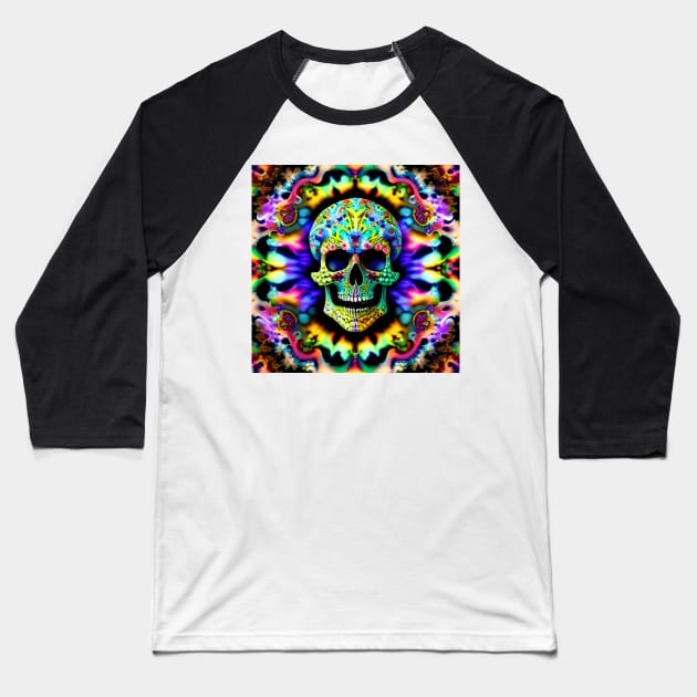 Skull Tie Dye Psychedelic Trippy Rainbow Purple Neon Baseball T-Shirt by Anticulture